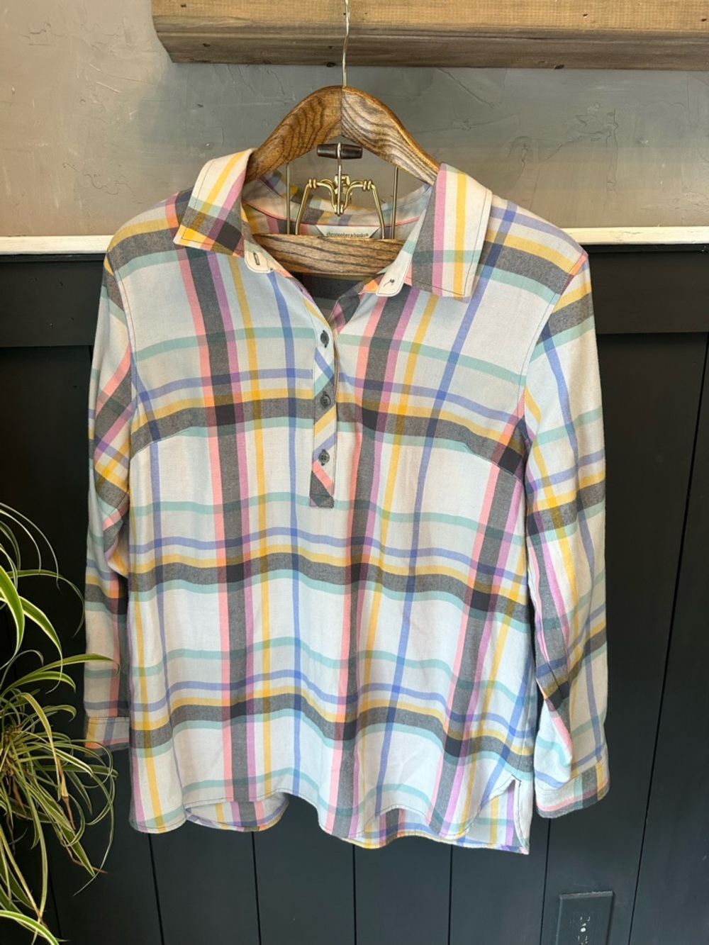 Christopher & Banks Pastel Plaid‎ 1/4 Button-Up Shirt  Yellow, Blue, Pink XL